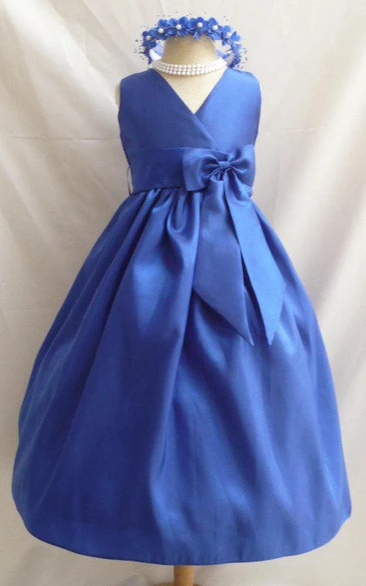 Flower Girl V-neck Pleated Blue Royal Toddler Kids Teen Girls Dress
