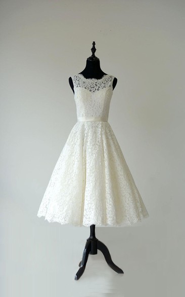 Sleeveless Sheer Neckline Tea Length Garden Bridal Dress With Waistband
