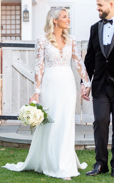 Boho Casual Long Sleeve V-Neck Delicate Lace Illusion Satin Elegant Country Wedding Dress