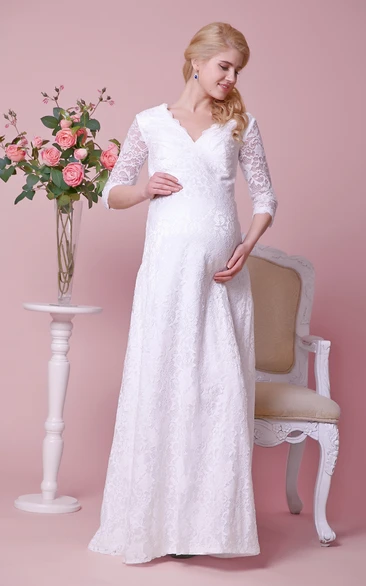 Allover Lace V-neck Floor Length Maternity Wedding Dress With 3 4 Sleeves