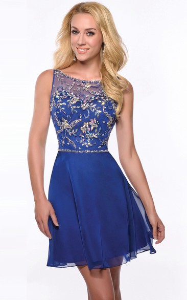A-Line Chiffon Homecoming Dress With Bateau Neckline And Shining Detailing