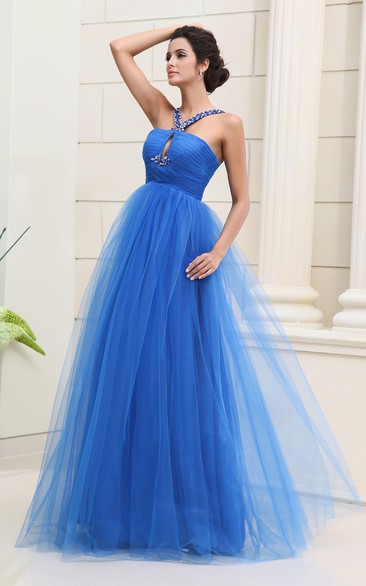 Elegant Tulle Long Style Dress With Embellished Straps