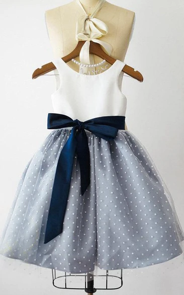 Sleeveless Jewel Tulle&Satin Dress With Flower
