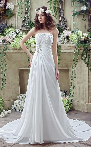 Newest Strapless White Beadings Wedding Dress A-line Sweep Train