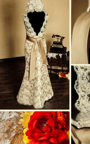 Scalloped Sleeveless Deep-V Back Sheath Satin Wedding Dress With Sash And Flower