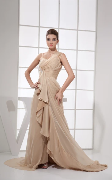 Asymmetrical Ruched Maxi Gown with Draping and Brush Train