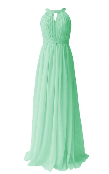 Jewel Notched Pleated Chiffon A-line Gown With Beading