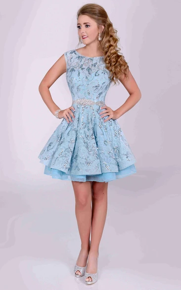 Bateau Neck Cap Sleeve A-Line Sequined Lace Prom Dress With Back Bow