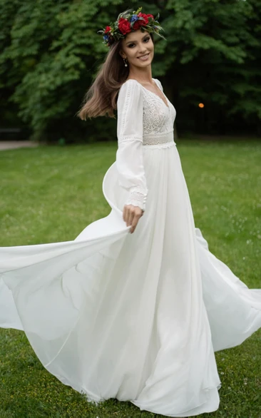 A-Line V-neck Chiffon Beach Wedding Dress With Illusion Low-V Back And Poet Sleeves