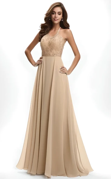 Chiffon Lace Sleeveless 2023 A-Line Prom Dress Casual Bohemian Elegant Halter Neck Floor-length Keyhole Back