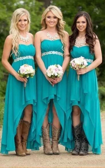 A-line Sweetheart Sleeveless High-low Chiffon Bridesmaid Dress with Ruching and Tiers
