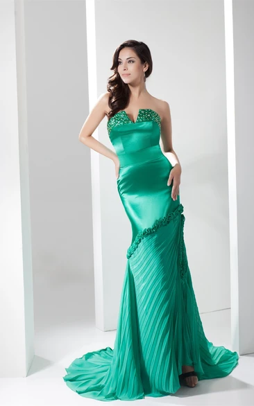 Strapless Notched Maxi Dress with Ruffles and Beading