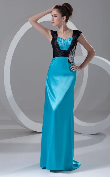 Caped-Sleeve Satin Floor-Length Dress with Beading and Brush Train