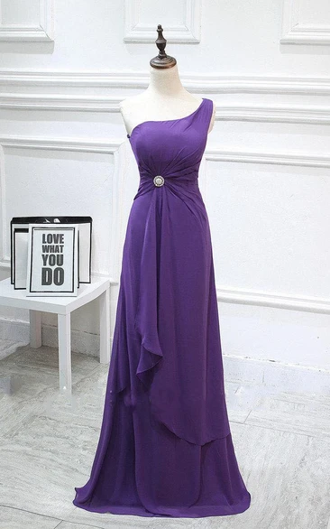 One Shoulder Long Chiffon Gown With Drapping