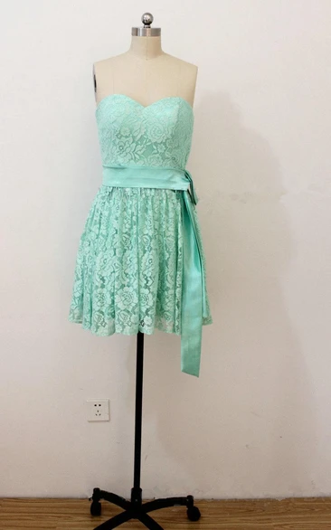 Mini Sleeveless Lace Dress With Satin Belt
