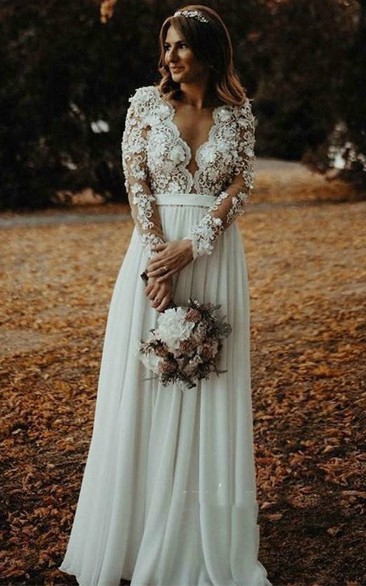 Rustic Vintage Boho Lace A Line Long Sleeve Wedding Dress Western Simple Casual Modest V-Neck Floor Bridal Gown with Split Front