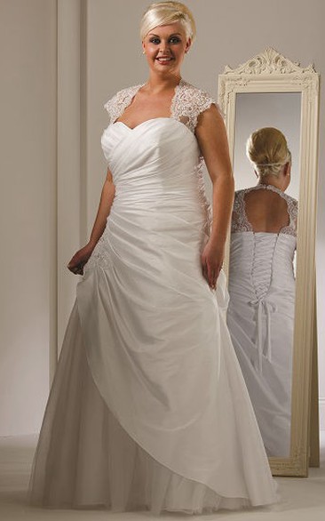 Lace Cap-Sleeve Taffeta Bridal Gown With Tulle Skirt And Lace Up
