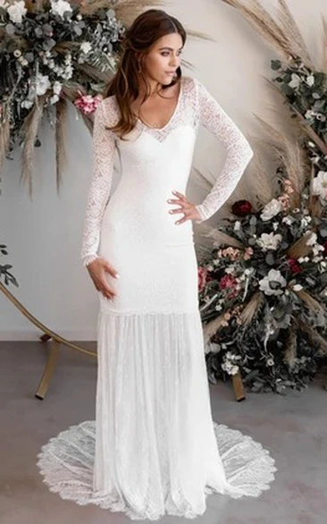 Sexy Sheath V-neck Long Sleeves Pleat Wedding Dress with Sweep Train