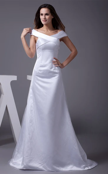 Caped-Sleeve Satin Floor-Length Dress with Brush Train