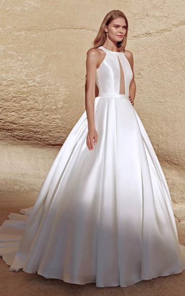 Romantic Satin Sleeveless Court Train Ball Gown Halter Wedding Dress with Ruching