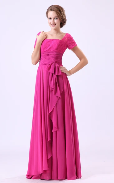 Chiffon Square-Neck-Sleeve Dress With Laced Top And Draping