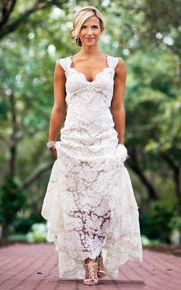 Country Cap-sleeved V-neck Lace Wedding Dress With Keyhole Back