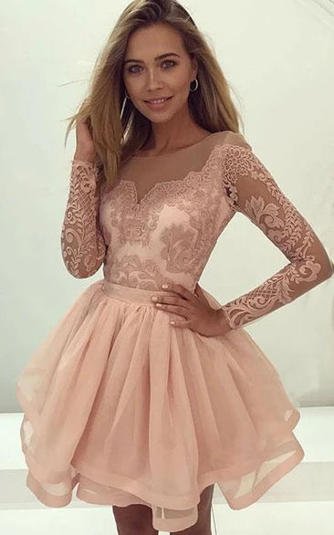 Simple A Line Lace Tulle Jewel Long Sleeve Homecoming Dress with Tiers