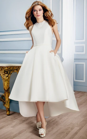 High-Low Sleeveless High Neck Appliqued Satin Wedding Dress With Keyhole