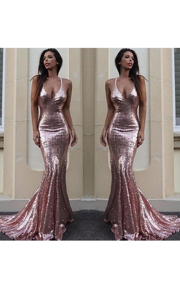 Sexy Backless Rose Gold Sequin Mermaid Evening Prom Dress