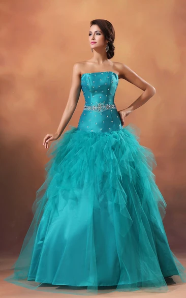 Strapless A-Line Princess Ball Gown With Crystal Detailing And Ruffles