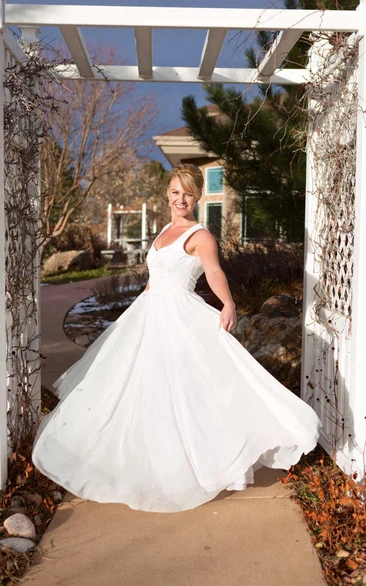 V-Neck Long A-Line Chiffon Wedding Dress With Heart Back