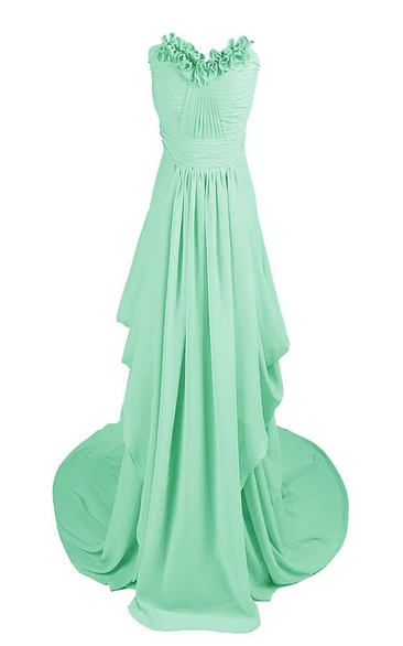 Floral Strapless Drapped Chiffon A-line Gown With Train