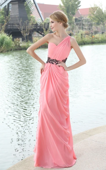 Asymmetrical One-Shoulder Dress With Draping And Beaded Waistband