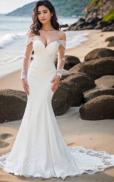 Mermaid Off-the-shoulder Floor-length Appliques Long Sleeve Wedding Dress