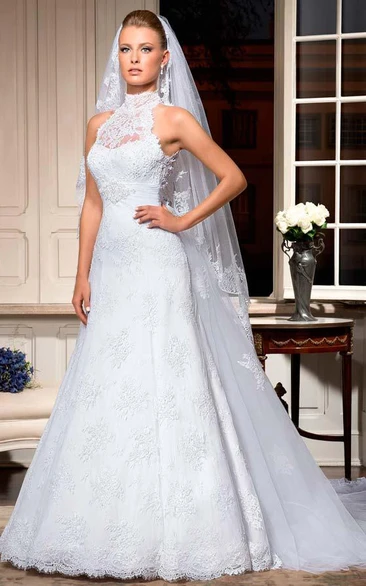 Sexy White Lace Sleeveless High Neck Floor Length Wedding Dresses