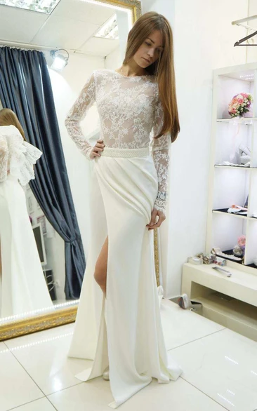 Scoop-Neck Illusion Lace Long Sleeve Split Front Wedding Dress With Beading And Draping