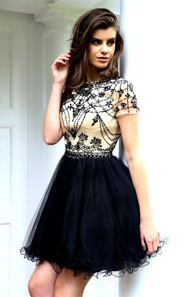 A-Line Scoop Short-Sleeve Beaded Short Prom Dress With Keyhole Back And Ruffles