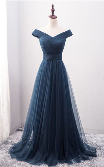 Elegant A Line Tulle Floor-length Short Sleeve Lace-up Formal Dress with Ruching