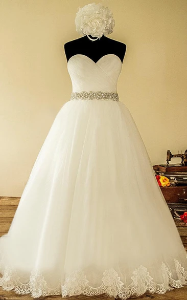 Ball Gown Strapped Sweetheart Tulle Lace Satin Dress With Lace-Up Back