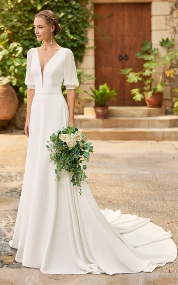 A-Line Simple V-neck Chiffon Wedding Dress With Button Back And Half Sleeve