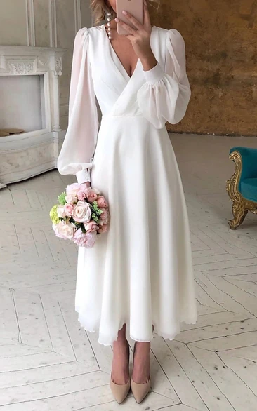 Elegant Long Sleeve Casual Wedding Dress Simple Rustic A-Line V-neck Chiffon Bridal Dress with Tea Length