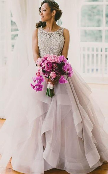 Sleeveless A-line Tulle Sweep Train Dress with Ruffles
