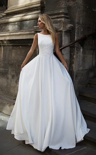 Elegant Satin Bataeu Neckline Floor Length Bridal Gown