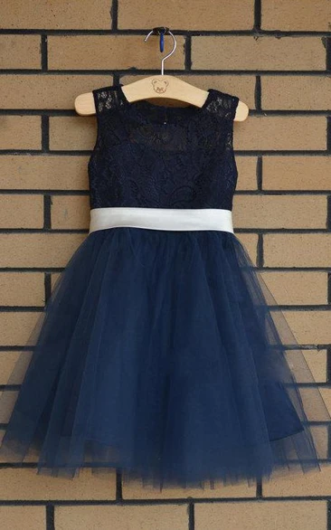 Lace Strap Scoop Neck Tulle Dress With Bow Sash