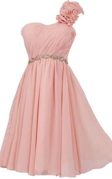 Floral One-shoulder Pleated Short Dress With Beaded Band