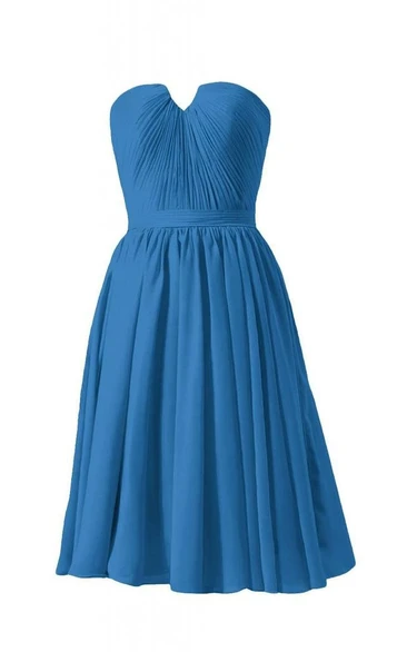 Strapless Ruched Bodice Knee-length Pleated Chiffon Dress