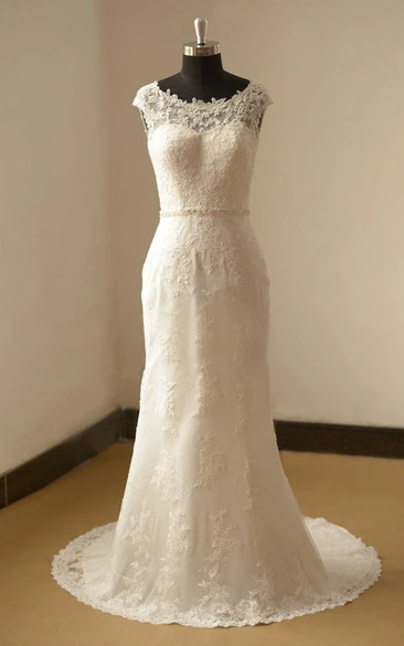 Bateau Neck Cap Sleeve Fit and Flare Lace Wedding Dress
