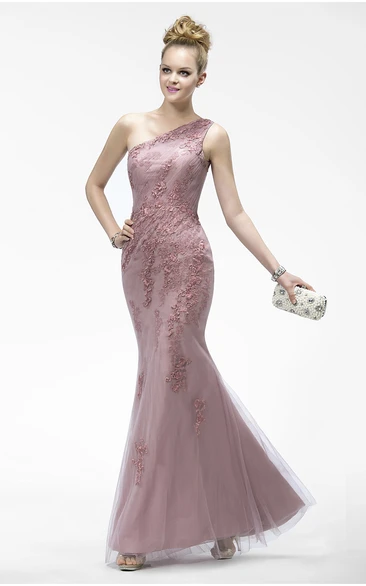 One Shoulder Elegant Sleeveless Mermaid Tulle Dress With Appliques And Zipper