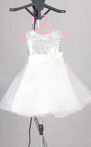 Sleeveless Tulle Dress With Sequins Bodice and Flower