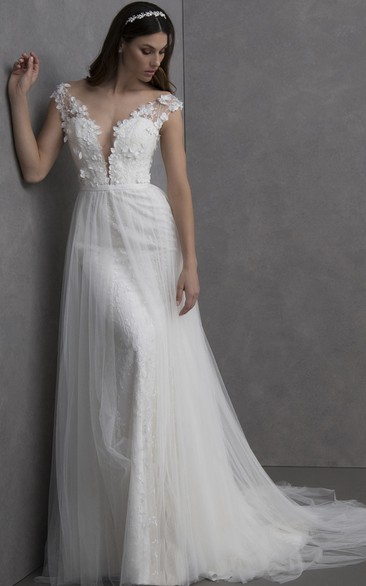 Ethereal Plunging Neckline Short Sleeve Sweep Train Tulle A Line Wedding Dress with Appliques